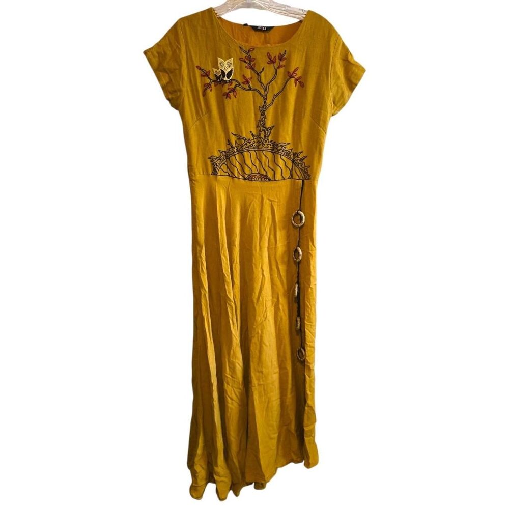Vintage Freestyle Indian Block Print Rayon Pictorial Midi Dress